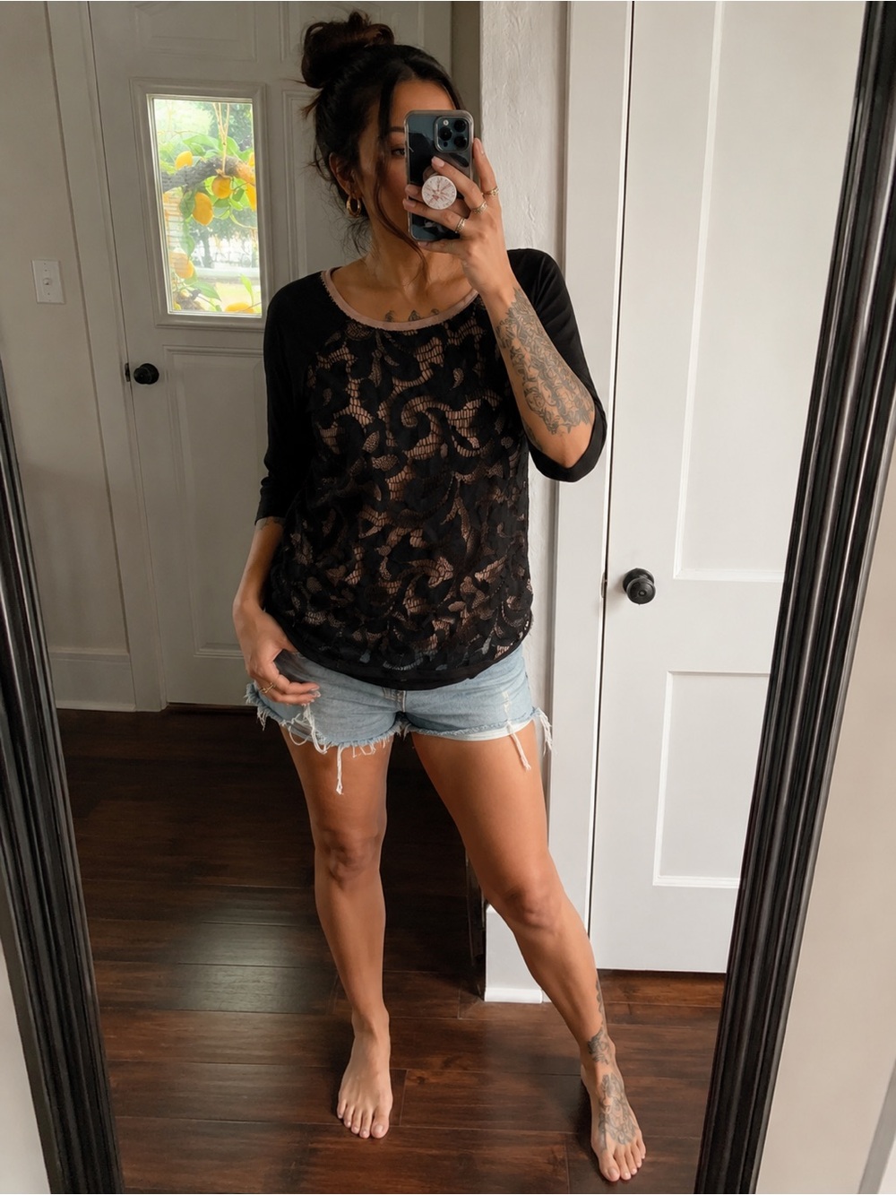 dolan Black Lace Overlay Top with Blush Trim
